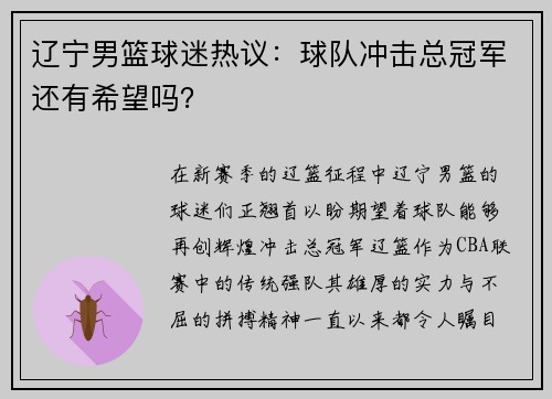 辽宁男篮球迷热议：球队冲击总冠军还有希望吗？