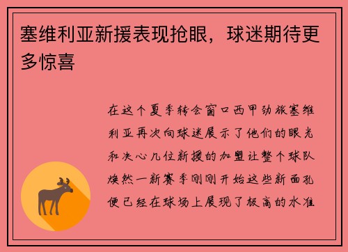 塞维利亚新援表现抢眼，球迷期待更多惊喜