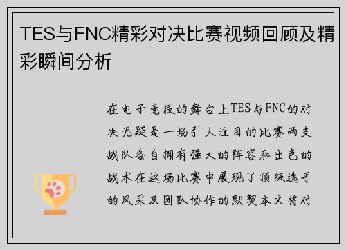 TES与FNC精彩对决比赛视频回顾及精彩瞬间分析