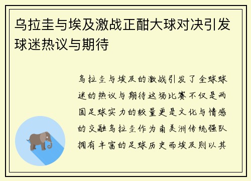 乌拉圭与埃及激战正酣大球对决引发球迷热议与期待