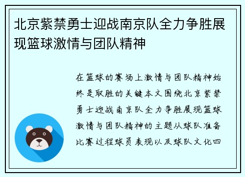 北京紫禁勇士迎战南京队全力争胜展现篮球激情与团队精神
