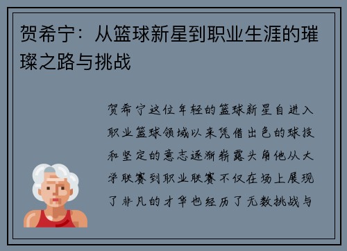 贺希宁：从篮球新星到职业生涯的璀璨之路与挑战
