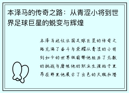 本泽马的传奇之路：从青涩小将到世界足球巨星的蜕变与辉煌