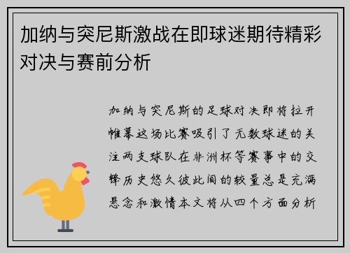 加纳与突尼斯激战在即球迷期待精彩对决与赛前分析
