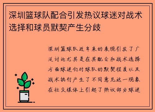 深圳篮球队配合引发热议球迷对战术选择和球员默契产生分歧