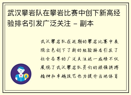 武汉攀岩队在攀岩比赛中创下新高经验排名引发广泛关注 - 副本