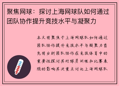 聚焦网球：探讨上海网球队如何通过团队协作提升竞技水平与凝聚力